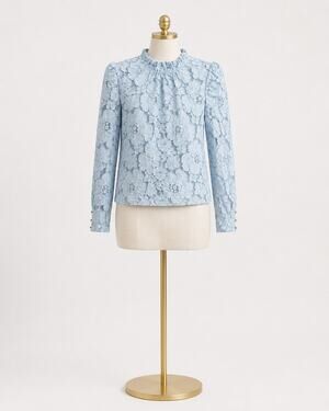 Blue Floral Lace Mock Neck Tie Back Long Sleeve Blouse Women’s